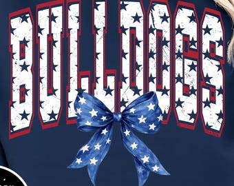 Noeud patriotique bouledogues PNG, conception mascotte bouledogues étoiles étoiles USA, fichier de sublimation 4 juillet, graphique chemise bouledogue rouge blanc bleu