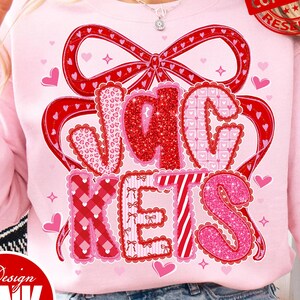 May include: A light pink sweatshirt with a large red bow and the word "JACKETS" in a decorative font. The letters are in various patterns, including leopard print and glitter. Small pink hearts are scattered around the design. The bottom of the image says "PNG | DIGITAL DOWNLOAD".