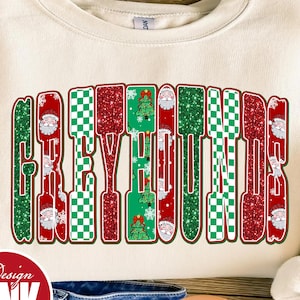 Greyhounds Christmas PNG, Santa Mascot Sport Sublimation, Green Red Glitter Team Spirit Digital Download, Holiday Game Day