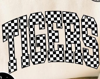 Tigers Checkerboard PNG | Distressed Varsity Sublimation | Trendy Race Flag Game Day Digital Download | Mascot | Grunge School Spirit