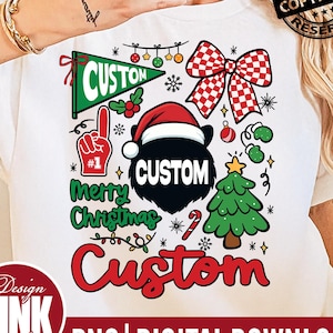Merry Christmas Custom PNG | Game Day Mascot Sublimation Bundle, Festive Checkerboard Bow, School Spirit Digital Download, Cute custom
