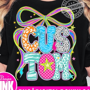 Custom Neon Coquette Bow PNG: Checkered Leopard Floral Letters (Digital Download) image 1