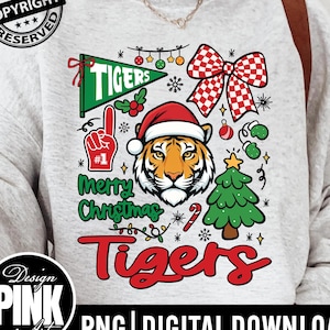 Merry Christmas Tigers PNG | Game Day Mascot Sublimation Bundle, Festive Checkerboard Bow, School Spirit Digital Download, Cute Tigers