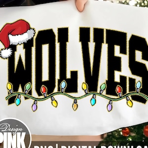 Wolves Christmas PNG | Collegiate Holiday Lights Sublimation | Varsity Team Digital Download | Game Day Santa Hat | Festive School Spirit