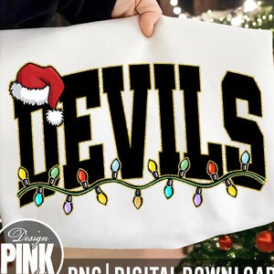 Devils Christmas PNG | Collegiate Holiday Lights Sublimation | Varsity Team Digital Download | Game Day Santa Hat | Festive School Spirit