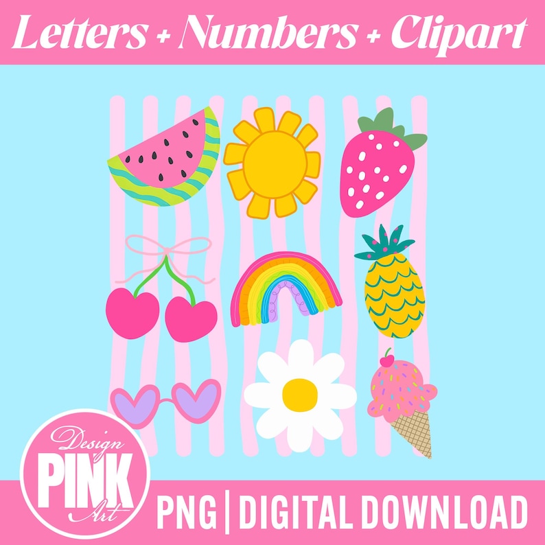May include: A digital graphic featuring colorful summer-themed clipart. Includes a watermelon slice, sun, strawberry, cherries, rainbow, pineapple, heart-shaped sunglasses, daisy, and ice cream cone. The background is light blue with pink stripes, and the text reads "Letters + Numbers + Clipart".