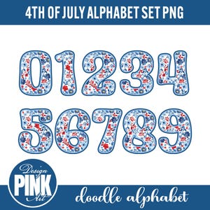 May include: A set of numbers 0-9 with a floral pattern in red, white, and blue, ideal for 4th of July designs. The numbers are outlined in blue and the image includes the text "4th of July Alphabet Set PNG" and "doodle alphabet".