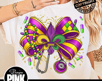 May include: White t-shirt featuring a purple, yellow, and green Mardi Gras bow design with a fleur-de-lis, stethoscope, and scattered capsules. The design includes the text "Design Pink Art" and "PNG | DIGITAL DOWNLOAD".