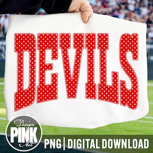 PNG de lunares de los Devils, diseño de camiseta de los Varsity Devils, PNG de mascota escolar, lunares rojos, sublimación de equipo deportivo, PNG para el día del partido