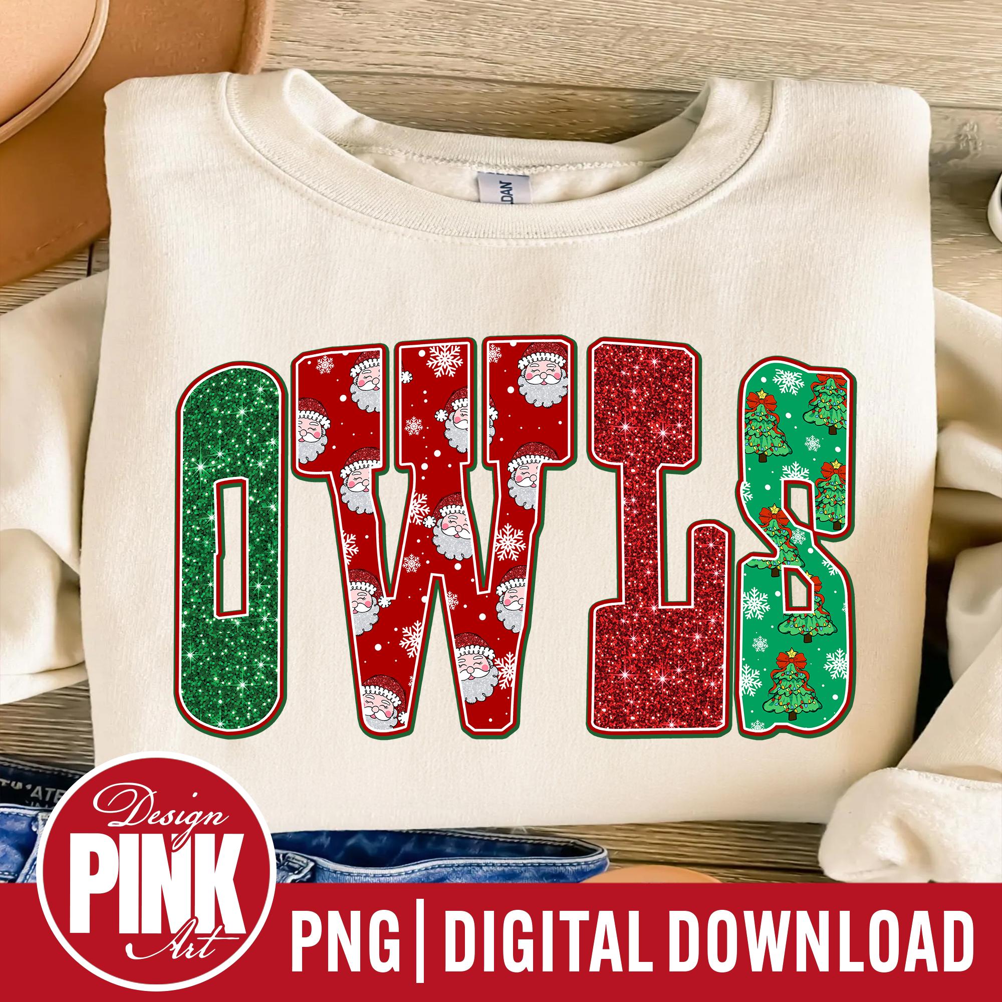 Owls Christmas PNG, Santa Mascot Sport Sublimation, Green Red Glitter Team Spirit Digital Download, 