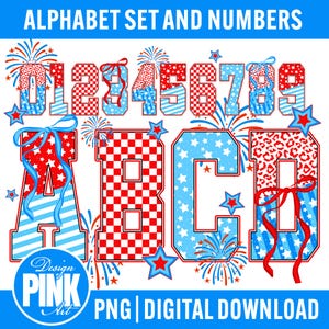 K&ouml;nnte beinhalten: Digitales Design mit Alphabet und Zahlen in Rot, Wei&szlig; und Blau. Die Buchstaben und Zahlen haben verschiedene Muster, darunter Streifen, Sterne und Karos. Das Design beinhaltet Feuerwerk und Sternakzente.