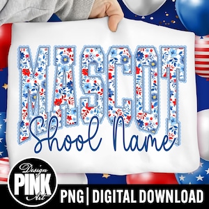 May include: White graphic featuring the word "MASCOT" in a blue floral design with red accents, and "School Name" in a script font. The design includes a scalloped blue border. A "Design Pink Art" logo is in the lower left corner.