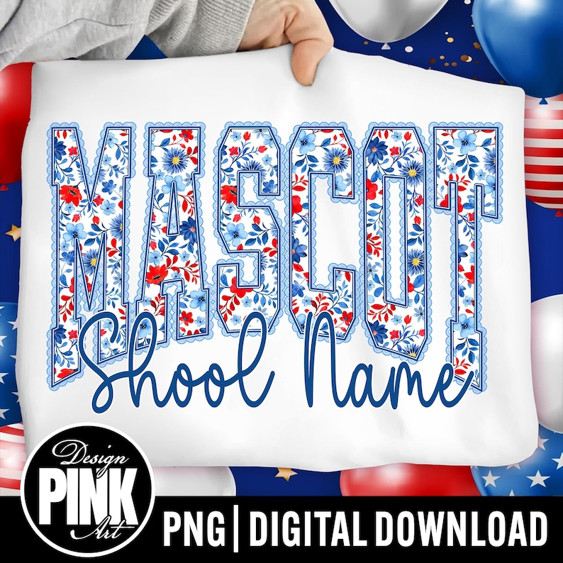 May include: White graphic featuring the word "MASCOT" in a blue floral design with red accents, and "School Name" in a script font. The design includes a scalloped blue border. A "Design Pink Art" logo is in the lower left corner.