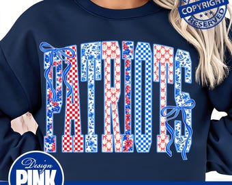 Patriots Patriotic PNG, Red White Blue Floral & Gingham Varsity Letters with Coquette Bows, Fourth of July Patriots Shirt, American PNG