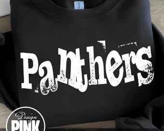 May include: Black crewneck sweatshirt with the word "Panthers" in distressed white lettering across the front. The sweatshirt also features a "Design Pink Art" logo and the text "PNG | DIGITAL DOWNLOAD".