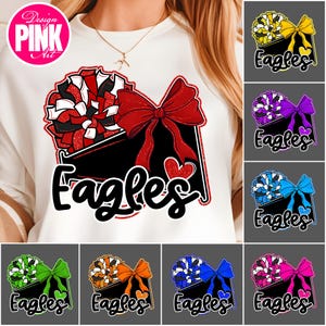 May include: White sweatshirt featuring a design with a red bow, pom-pom, and the word "Eagles" in black. The design includes a red heart. Additional designs with different color combinations are also shown.