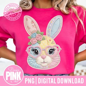 May include: A hot pink sweatshirt featuring a patchwork bunny face with heart-shaped glasses and floral accents. The bunny design includes pastel colors and is surrounded by the text "Design Pink Art" and "PNG | DIGITAL DOWNLOAD".