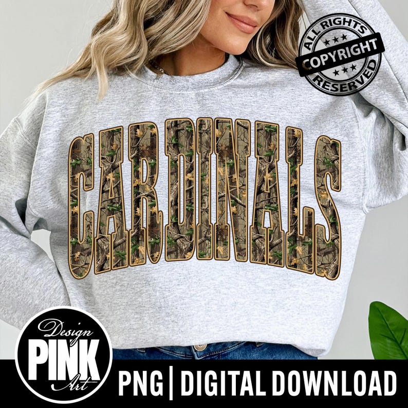 Camo Cardinals PNG | Camouflage School Spirit Sublimation Design | Rustic Woodland Digital Download | Hunting Team Mascot Shirt Art image 1