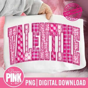 May include: White fabric with the word "VALENTINE" in pink, featuring patterns like hearts, plaid, and leopard print. The design includes the text "Design PINK Art" and "PNG | DIGITAL DOWNLOAD".