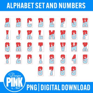 K&ouml;nnte beinhalten: Alphabet- und Zahlen-Set als digitaler Download. Die Buchstaben und Zahlen sind rot und blau mit einem gestreiften Muster. Die Buchstaben haben ein rotes Punktmuster oben. Der Text "ALPHABET SET AND NUMBERS" und "PNG | DIGITAL DOWNLOAD" ist enthalten.