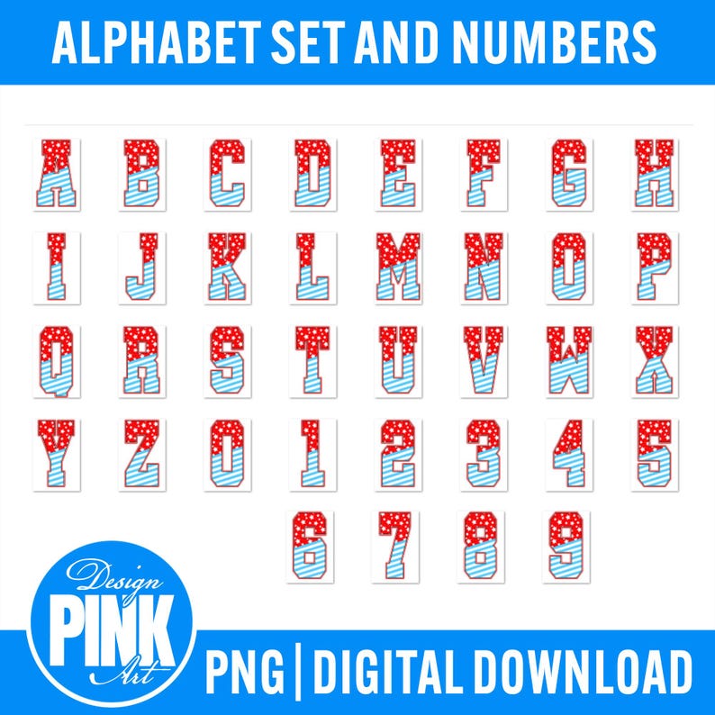 K&ouml;nnte beinhalten: Alphabet- und Zahlen-Set als digitaler Download. Die Buchstaben und Zahlen sind rot und blau mit einem gestreiften Muster. Die Buchstaben haben ein rotes Punktmuster oben. Der Text "ALPHABET SET AND NUMBERS" und "PNG | DIGITAL DOWNLOAD" ist enthalten.