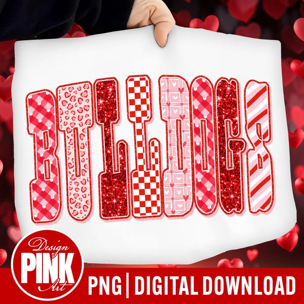 Bulldogs Valentine Sublimation PNG | Red Pink Glitter Heart Checkerboard Font | Game Day Valentine's Day Mascot Digital Download