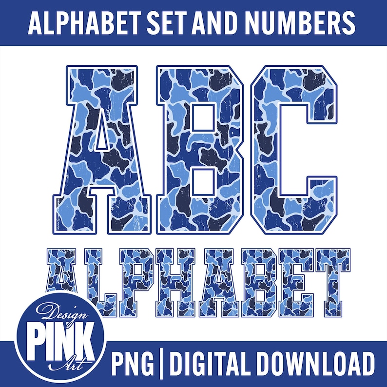 May include: Digital alphabet set and numbers in a blue camouflage pattern. The letters ABC are prominently displayed, with the word ALPHABET below. The design includes a PNG digital download option.