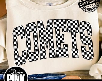 Comets Checkerboard PNG | Distressed Varsity Sublimation | Trendy Race Flag Game Day Digital Download | Mascot | Grunge School Spirit