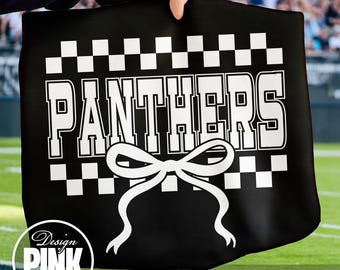 May include: Black tote bag with the word "PANTHERS" in large white block letters, a white bow graphic, and a checkered pattern. The bag also features the text "PNG DIGITAL DOWNLOAD" and a "Design Pink Art" logo.
