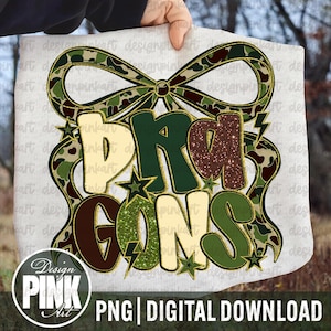 May include: A digital design featuring the word "DRAGONS" in a bold, retro font with a camouflage bow and stars. The design incorporates shades of green, brown, and gold, with a glittery effect on some letters. The text "PNG | DIGITAL DOWNLOAD" is at the bottom.