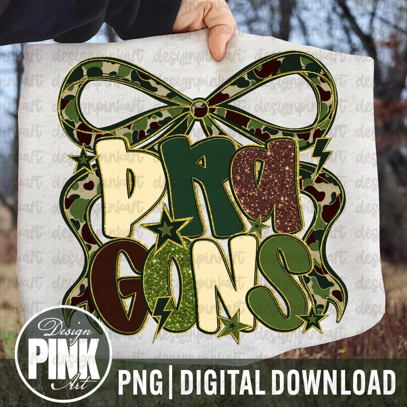 May include: A digital design featuring the word "DRAGONS" in a bold, retro font with a camouflage bow and stars. The design incorporates shades of green, brown, and gold, with a glittery effect on some letters. The text "PNG | DIGITAL DOWNLOAD" is at the bottom.
