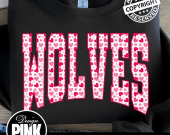Wolves Valentine PNG | Pink Heart Varsity Font | Cheerleading Team Mascot Digital Download | School Spirit Design | Valentine's Day Gift
