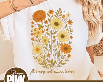Fall Breeze Autumn Leaves PNG, Boho Fall Flowers Sublimation, Retro Autumn Shirt Design, Fall Season Digital Download