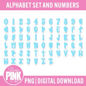 Pode incluir: Um conjunto completo de alfabeto e n&uacute;meros, com letras mai&uacute;sculas e min&uacute;sculas e os n&uacute;meros 0-9. Cada caractere &eacute; azul claro com um padr&atilde;o xadrez. O texto "ALPHABET SET AND NUMBERS" est&aacute; no topo.