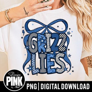 May include: White t-shirt featuring the word "GRIZZLIES" in blue, with various patterns and a bow design. The shirt also includes the text "PNG | DIGITAL DOWNLOAD" and the "Design PINK Art" logo.