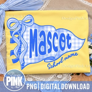 May include: A yellow t-shirt featuring a blue and white gingham pennant graphic with the word Mascot in blue letters. A blue ribbon is tied to the left side of the pennant, and the text School name appears in blue script below the pennant.