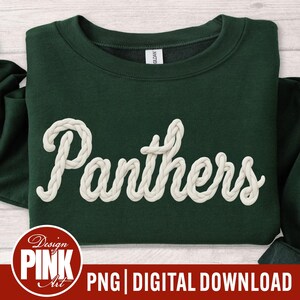 May include: Dark green sweatshirt with the word "Panthers" in a white, rope-like font. The sweatshirt has a crew neck and long sleeves. The bottom of the image has the text "PNG | DIGITAL DOWNLOAD".