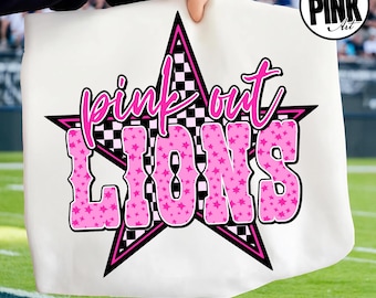 Pink Out Lions PNG File, Breast Cancer Awareness Clipart, Game Day Sublimation Design, Team Spirit Digital Download