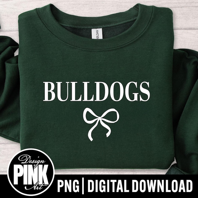 Bulldogs met strik PNG-bestand voor Cricut, schoolmascotte digitale download, teamgeest clipart, sport moeder ontwerp png, game dag sublimatie afbeelding 1