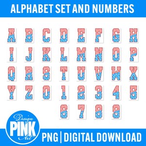 K&ouml;nnte beinhalten: Alphabet und Zahlen in Rot und Blau mit gepunktetem Muster. Die Buchstaben und Zahlen werden auf wei&szlig;em Hintergrund angezeigt. Der Text "ALPHABET SET AND NUMBERS", "PNG | DIGITAL DOWNLOAD" und das Logo "Design Pink Art" sind enthalten.