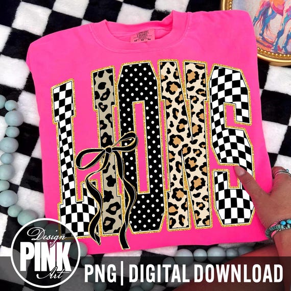 Lions PNG, Lions Mascot Coquette Bow Design, Leopard Checkered Lions Shirt Graphic, School Spirit Sports Mom Sublimation, Digital Download