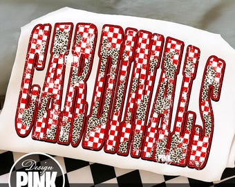 カーディナルズPNG、チェック柄ヒョウ柄マスコットPNG、スクールスピリットチーム名デザイン、スポーツシャツPNG、昇華プリント用デジタルダウンロード