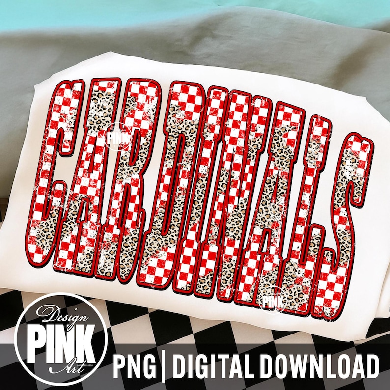 Cardinals PNG, Checkered Leopard Mascot PNG, School Spirit Team Name Design, Sports Shirt PNG, Sublimation Digital Download image 1