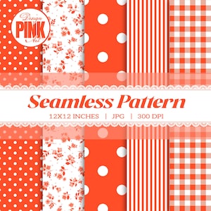 Op de afbeelding: Een digitale collectie van vijf naadloze patronen in koraal en wit, met stippen, bloemenprints, verticale strepen en gingham ruiten. De afbeelding bevat de tekst Design PINK Art en Seamless Pattern 12X12 INCHES | JPG | 300 DPI.