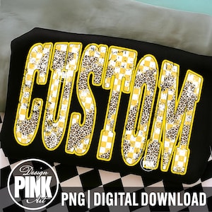 May include: Black graphic design with the word "CUSTOM" in yellow, leopard print, and checkered patterns. The design includes the text "PNG | DIGITAL DOWNLOAD" and the "Design PINK Art" logo.