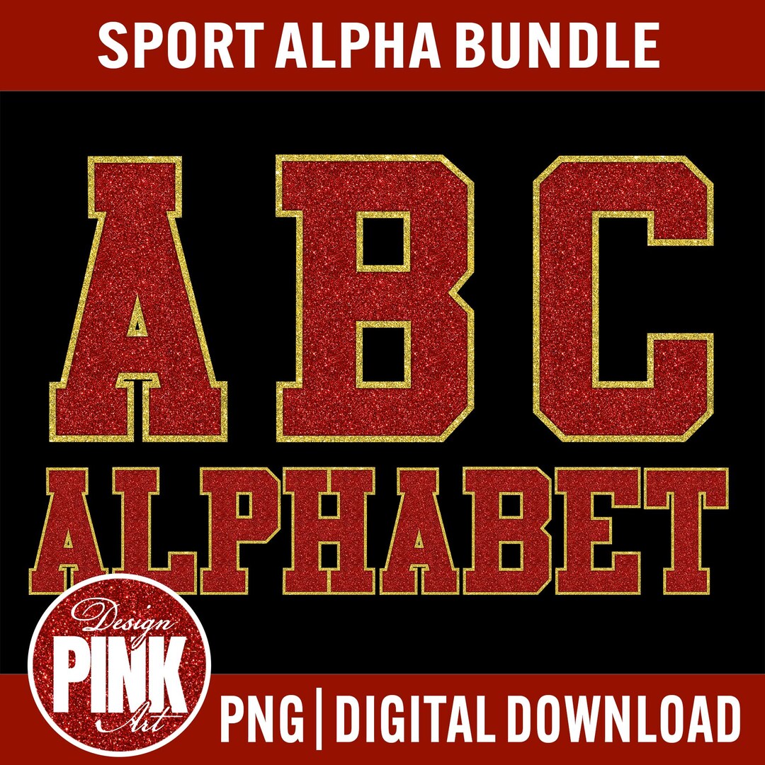 Red Glitter Varsity Alphabet PNG Bundle | Gold Outline Sport Font ...