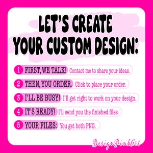 May include: A bright pink graphic with the text "LET'S CREATE YOUR CUSTOM DESIGN:" and numbered steps for custom design creation. Steps include sharing ideas, ordering, design work, file delivery, and file format.