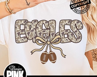 Eagles Bow Football Camo PNG: Distressed Team Mascot Design (Digital Download