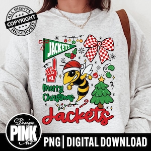 May include: A light gray sweatshirt with a graphic design featuring a bee wearing a Santa hat, a red and white checkered bow, and the text "Merry Christmas Jackets". The design includes a Christmas tree and other festive elements.