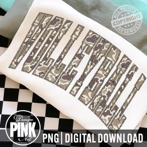 May include: White sweatshirt with the word "VALLEYBALL" in a camouflage pattern. The text is outlined with a dotted design. The image also includes the text "PNG | DIGITAL DOWNLOAD" and a logo that says "Design PINK Art".